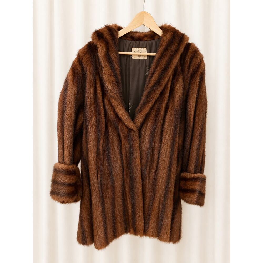 J. Fox Boston Vintage Genuine Mink Fur Coat Brown Shawl Collar Size L